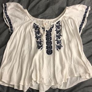 White Peasant Shirt w/Blue Stitching